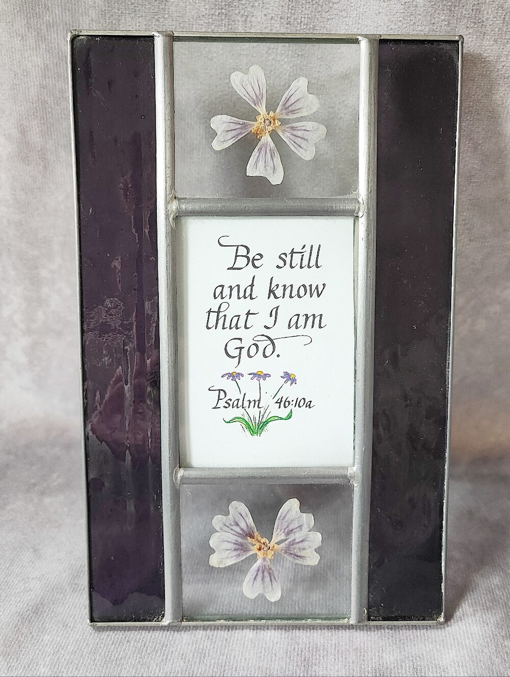 Purple Stained & Clear Leaded Glass Dried Flowers Picture Frame Psalm 46:10 EUC